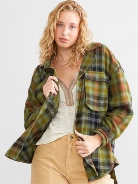 Free People Izzy Cargo Jacket Flannel Oversized Size Small Olive Combo